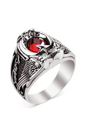 Atatürk Imzalı Armalı Pençe Detaylı Kırmızı Taşlı Özel Model 925 Ayar Gümüş Polis Yüzüğü