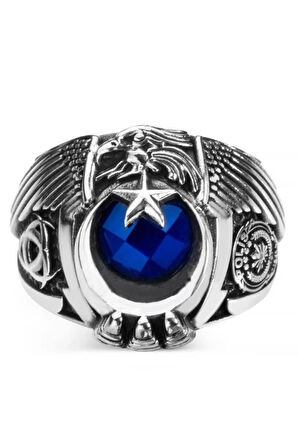 Erkek Mavi Kartal Figürlü Özel Sade Model Tasarım 925 Ayar Gümüş 1999 Polis Okulu Mezun Yüzüğü