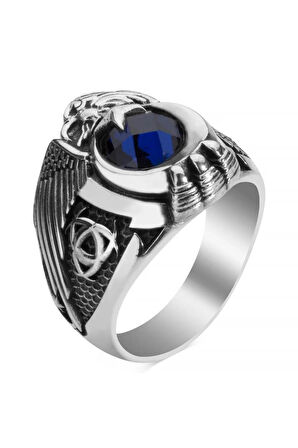 Erkek Mavi Kartal Figürlü Özel Sade Model Tasarım 925 Ayar Gümüş 1999 Polis Okulu Mezun Yüzüğü