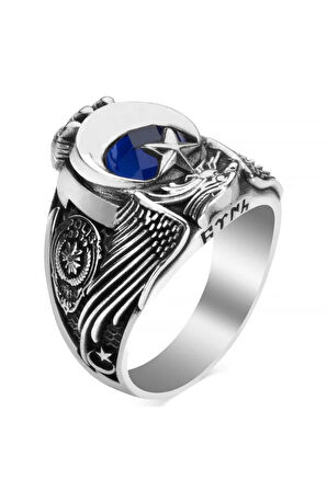 Erkek Mavi Kartal Figürlü Özel Sade Model Tasarım 925 Ayar Gümüş 1999 Polis Okulu Mezun Yüzüğü