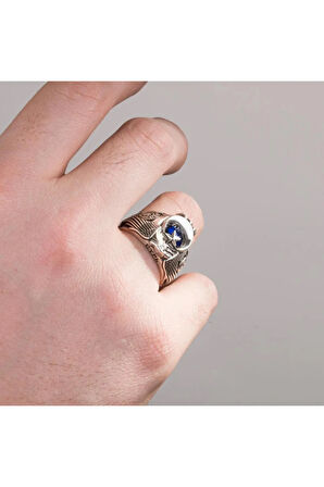 Erkek Mavi Kartal Figürlü Özel Sade Model Tasarım 925 Ayar Gümüş 1999 Polis Okulu Mezun Yüzüğü