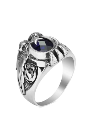 Çift Kartal Başlı Osmanlı Armalı Polis Özel Harekat 925 Ayar Mavi Zirkon Taşlı Yüzük Hediye