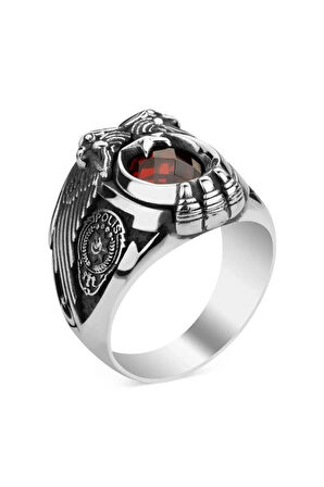 Kırmızı Taşlı Çift Kartal Baş Firgürlü Osmanlı Armalı Pençeli 925 Ayar Gümüş Polis Yüzüğü