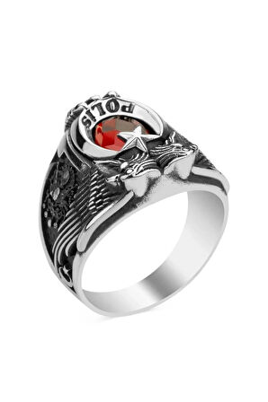 Kırmızı Taşlı Çift Kartal Baş Firgürlü Osmanlı Armalı Pençeli 925 Ayar Gümüş Polis Yüzüğü