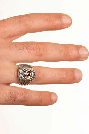 Kırmızı Taşlı Çift Kartal Baş Firgürlü Osmanlı Armalı Pençeli 925 Ayar Gümüş Polis Yüzüğü