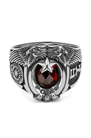 Erkek Kırmızı Çift Kartal Başlı Göktürkçe Armalı Yüzük 925 Ayar