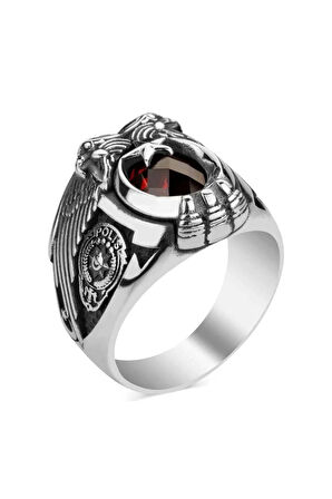Erkek Kırmızı Çift Kartal Başlı Göktürkçe Armalı Yüzük 925 Ayar