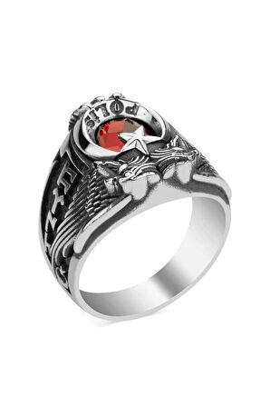 Erkek Kırmızı Çift Kartal Başlı Göktürkçe Armalı Yüzük 925 Ayar