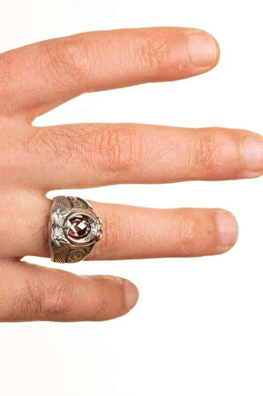 Erkek Kırmızı Çift Kartal Başlı Göktürkçe Armalı Yüzük 925 Ayar