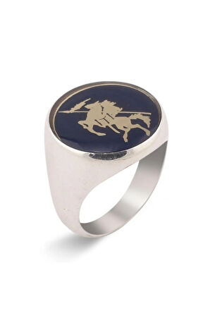 Kayı Boyu Motifli Koyu Mavi Mineli Yüzük