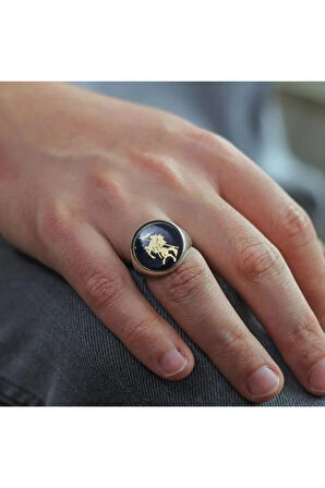 Kayı Boyu Motifli Koyu Mavi Mineli Yüzük