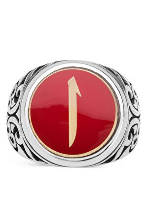 Kırmızı Mine Üzerine Elif Işlemeli Erkek Yüzük
