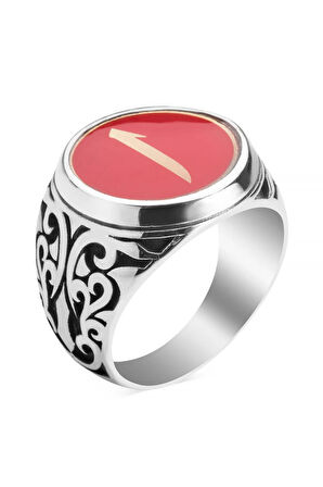 Kırmızı Mine Üzerine Elif Işlemeli Erkek Yüzük