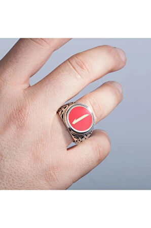 Kırmızı Mine Üzerine Elif Işlemeli Erkek Yüzük