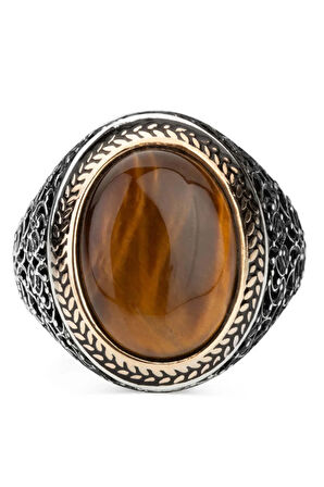 Oval Kahverengi Kaplangözü Taşlı Simetrik Desen Gümüş Erkek Yüzük