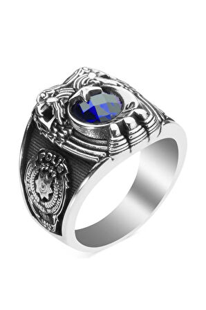 Erkek Kartal Figürlü Göktürkçe Türk Yazılı Özel Model 925 Ayar Gümüş Polis Yüzüğü Mavi Taşlı