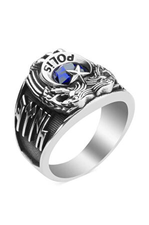 Erkek Kartal Figürlü Göktürkçe Türk Yazılı Özel Model 925 Ayar Gümüş Polis Yüzüğü Mavi Taşlı