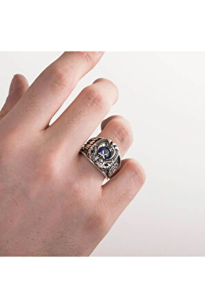 Erkek Kartal Figürlü Göktürkçe Türk Yazılı Özel Model 925 Ayar Gümüş Polis Yüzüğü Mavi Taşlı