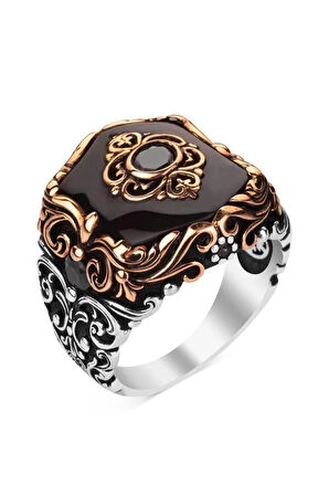 Karo Model Siyah Oniks Taşlı Gümüş Erkek Yüzük