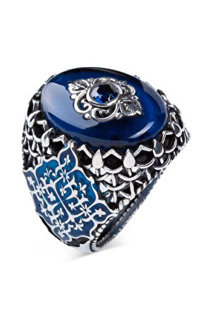 Mavi Sıkma Taşlı Gümüş Erkek Yüzük