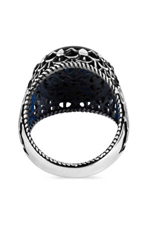 Mavi Sıkma Taşlı Gümüş Erkek Yüzük