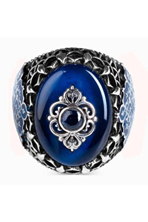 Mavi Sıkma Taşlı Gümüş Erkek Yüzük