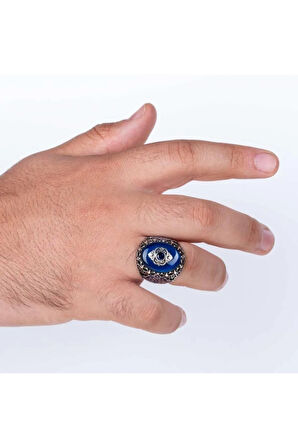 Mavi Sıkma Taşlı Gümüş Erkek Yüzük