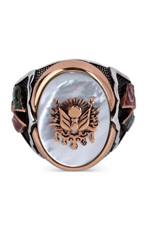 Erkek Sancak Ve Bayraklı Beyaz Sedef Taşlı Gümüş Osmanlı Yüzüğü