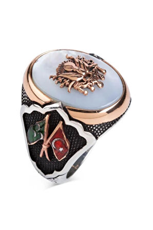 Erkek Sancak Ve Bayraklı Beyaz Sedef Taşlı Gümüş Osmanlı Yüzüğü