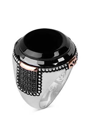 Erkek  Taş Süslemeli Yuvarlak Siyah Oniks Gümüş Yüzük
