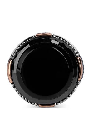 Erkek  Taş Süslemeli Yuvarlak Siyah Oniks Gümüş Yüzük