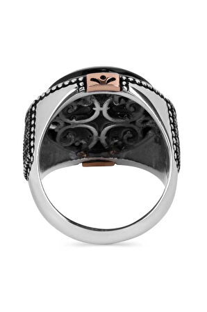 Erkek  Taş Süslemeli Yuvarlak Siyah Oniks Gümüş Yüzük