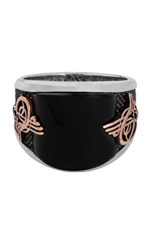 Erkek  Bombeli Siyah Oniks Taşlı Tuğralı Modern Gümüş Yüzük