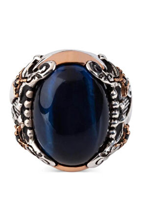 Kılıç Model Kapşon Kesim Mavi Kaplangözü Taşlı Gümüş Erkek Yüzük