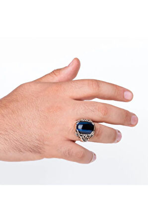 Kılıç Model Kapşon Kesim Mavi Kaplangözü Taşlı Gümüş Erkek Yüzük