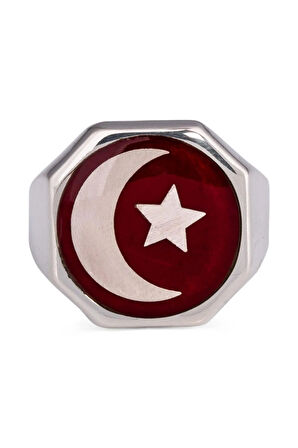 925 Ayar Gümüş Erkek Kırmızı Mine Ay Yıldızlı Köşegen Malcolm X Yüzüğü