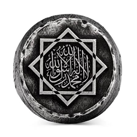 Büyük Selçuklu Sekiz Köşeli Yıldız Kelime-i Tevhid Eskitme Gümüş Erkek Yüzük