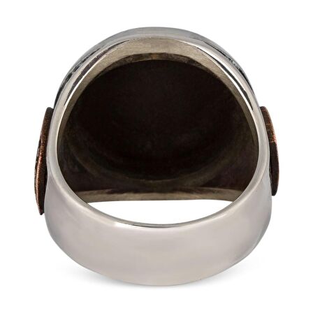 Ay Yıldız ve Osmanlı Armalı Türk Bayrağı Gümüş Erkek Yüzük Siyah