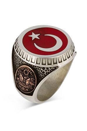 Ay Yıldız Ve Osmanlı Armalı Türk Bayrağı Gümüş Erkek Yüzük Kırmızı