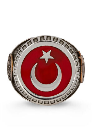 Ay Yıldız Ve Osmanlı Armalı Türk Bayrağı Gümüş Erkek Yüzük Kırmızı