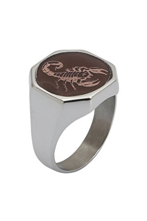 Gümüş Erkek Burç Yüzüğü Akrep Burcu Gümüş-bronz Renk Yanları Sade Model Şeffaf Mineli