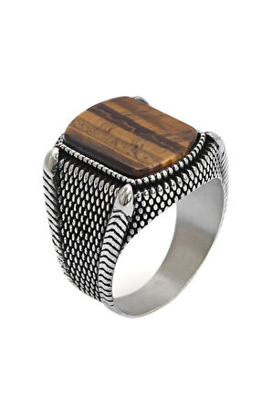 925 Ayar Gümüş Kahverengi Kaplangözü Taşlı Erkek Yüzük