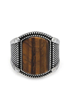 925 Ayar Gümüş Kahverengi Kaplangözü Taşlı Erkek Yüzük