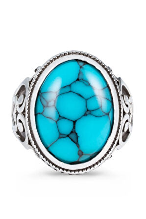 Kalp Motifli Turkuaz Firuze Taşlı Gümüş Erkek Yüzük