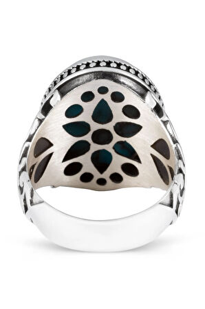 Kalp Motifli Turkuaz Firuze Taşlı Gümüş Erkek Yüzük
