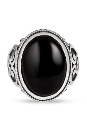 Kalp Motifli Siyah Oniks Taşlı Gümüş Erkek Yüzük