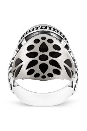 Kalp Motifli Siyah Oniks Taşlı Gümüş Erkek Yüzük