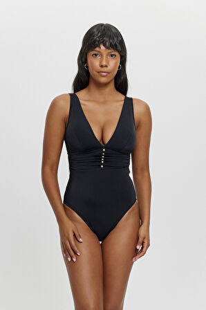 M12051 Uzun Üçgen Boncuklu Mayo Siyah