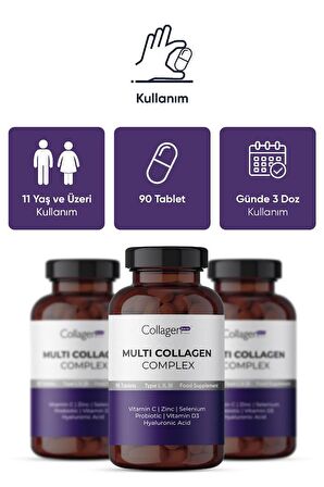 Multi Collagen Complex, Hyalüronik Asit, Çinko, Selenyum, Vitamin C-e-d3 & Probiyotik, 90 Tablet