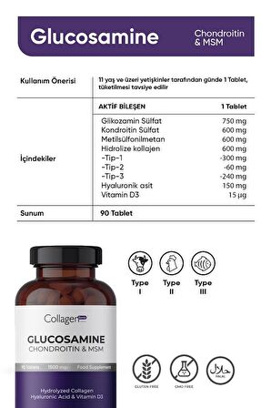 Glucosamine, Chondroitin & Msm, Hidrolize Kolajen, Hyalüronik Asit Ve Vitamin D3, 90 Tablet